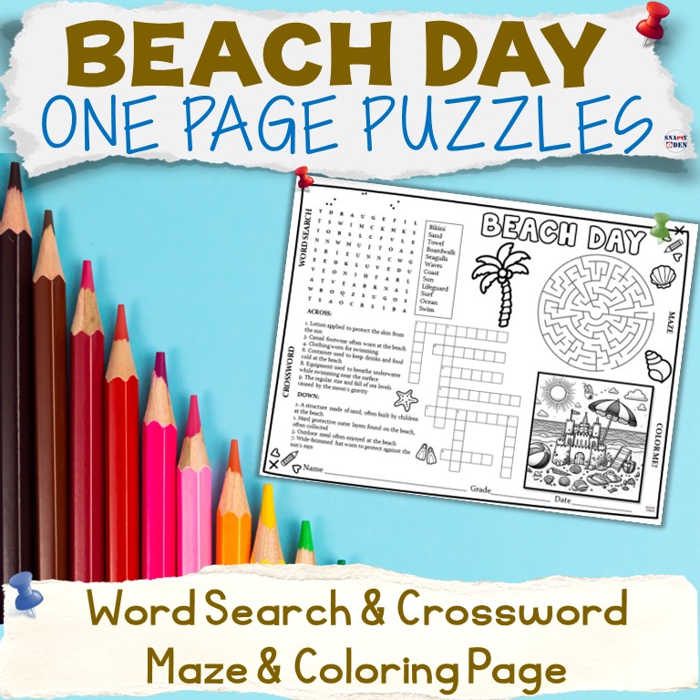 Beach Day Word Search Crossword Maze Coloring Page Summer Puzzles Activities