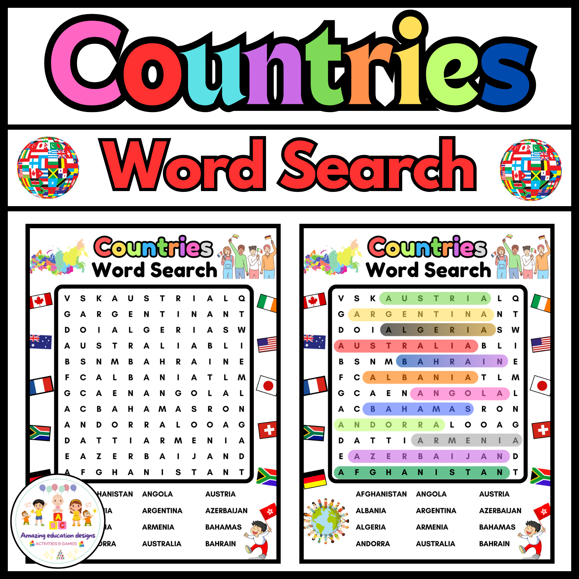 Activities Countries / Flags / Word Search Puzzle Worksheets