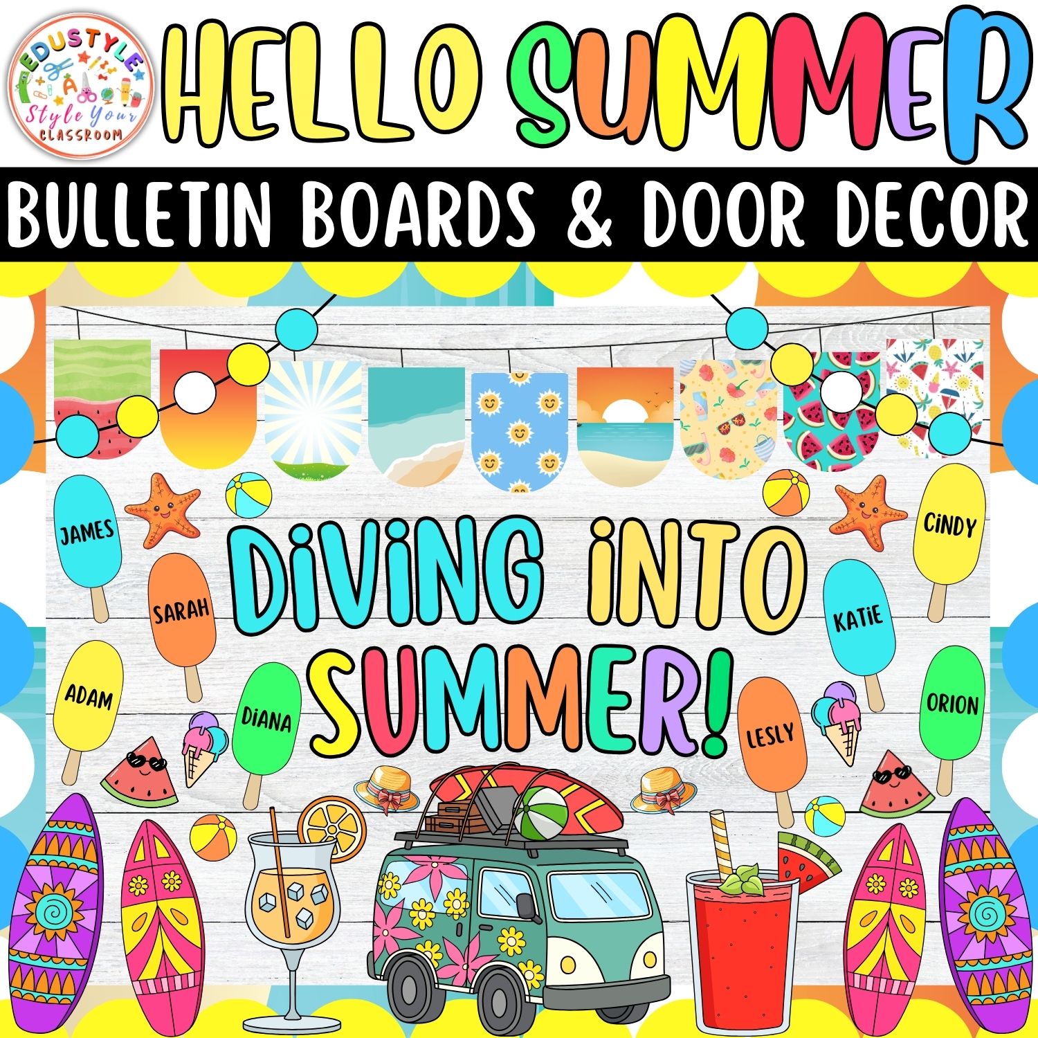 Diving into summer!: Summer Bulletin Boards And Door Decor Kits | June And July Decor