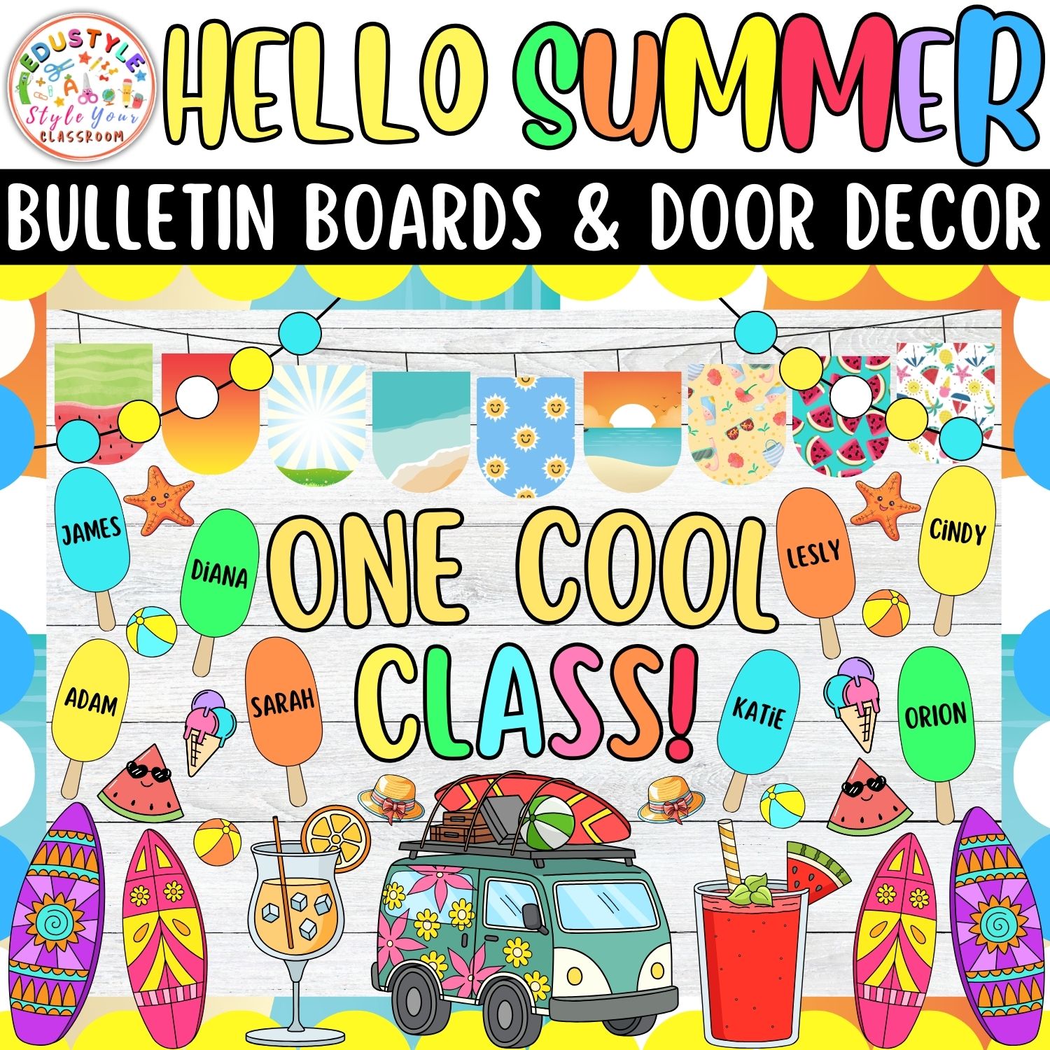 Poppin' into Summer!: Summer Bulletin Boards And Door Decor Kits | June And July Decor