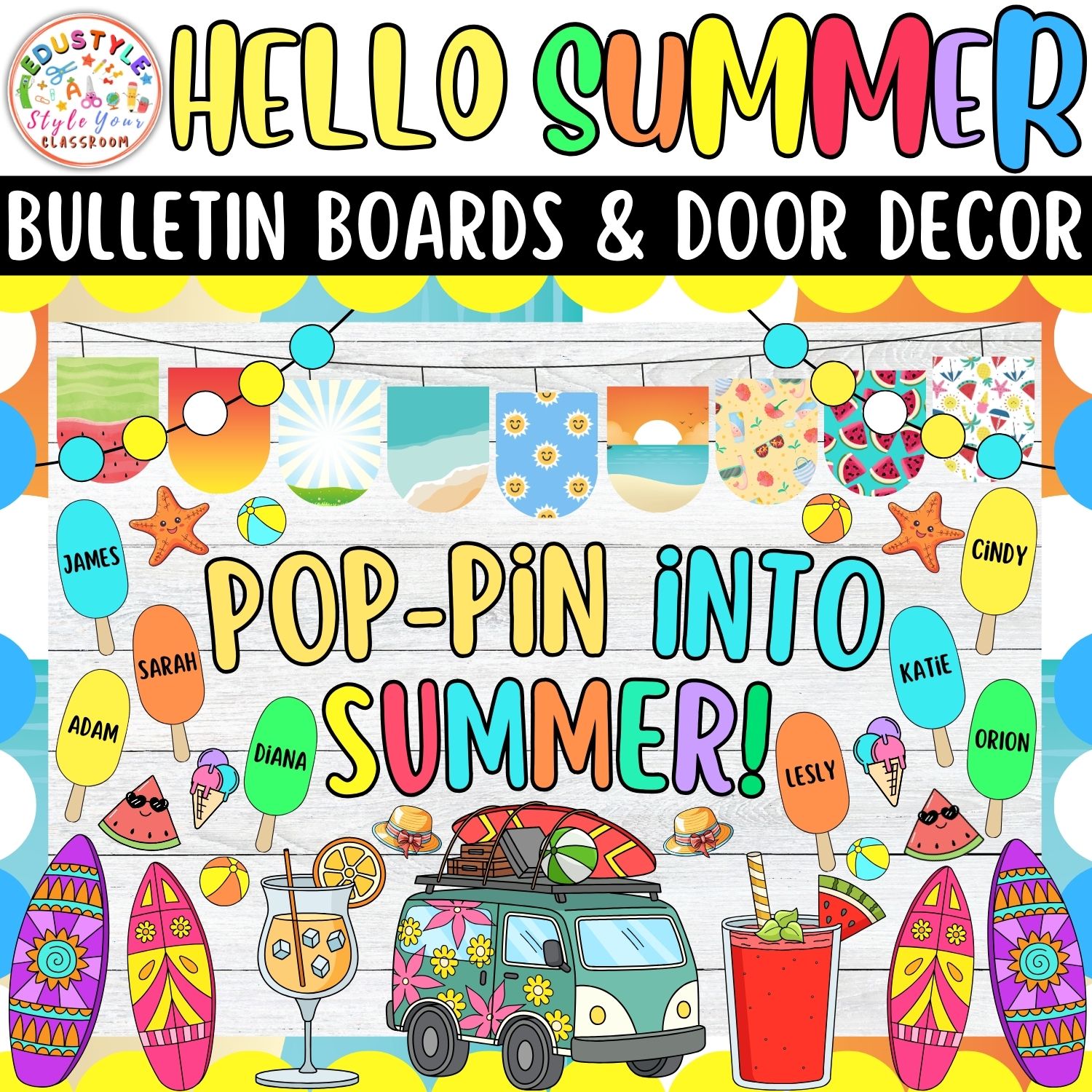 Pop-Pin into Summer!: Summer Bulletin Boards And Door Decor Kits | June And July Decor