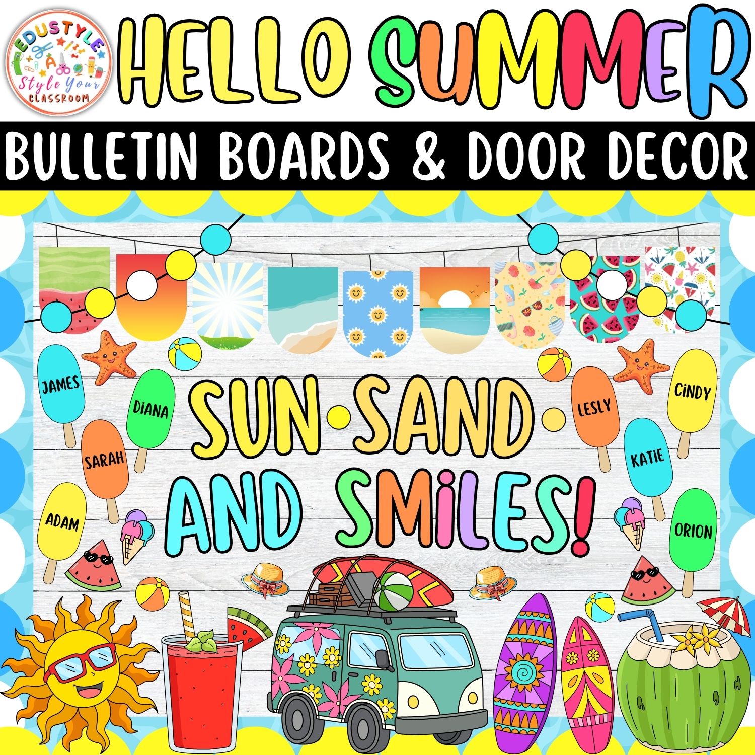Sun, Sand, and Smiles!: Summer Bulletin Boards And Door Decor Kits | June And July Decor