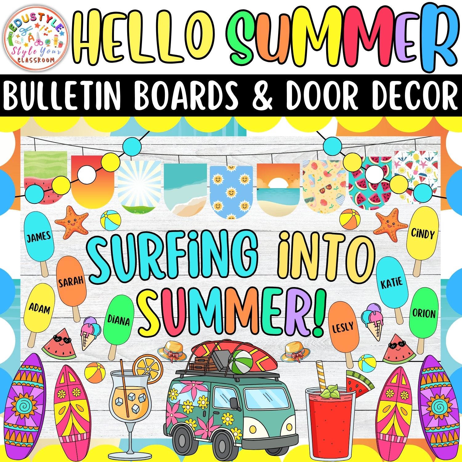 Surfing into summer!: Summer Bulletin Boards And Door Decor Kits | June And July Decor