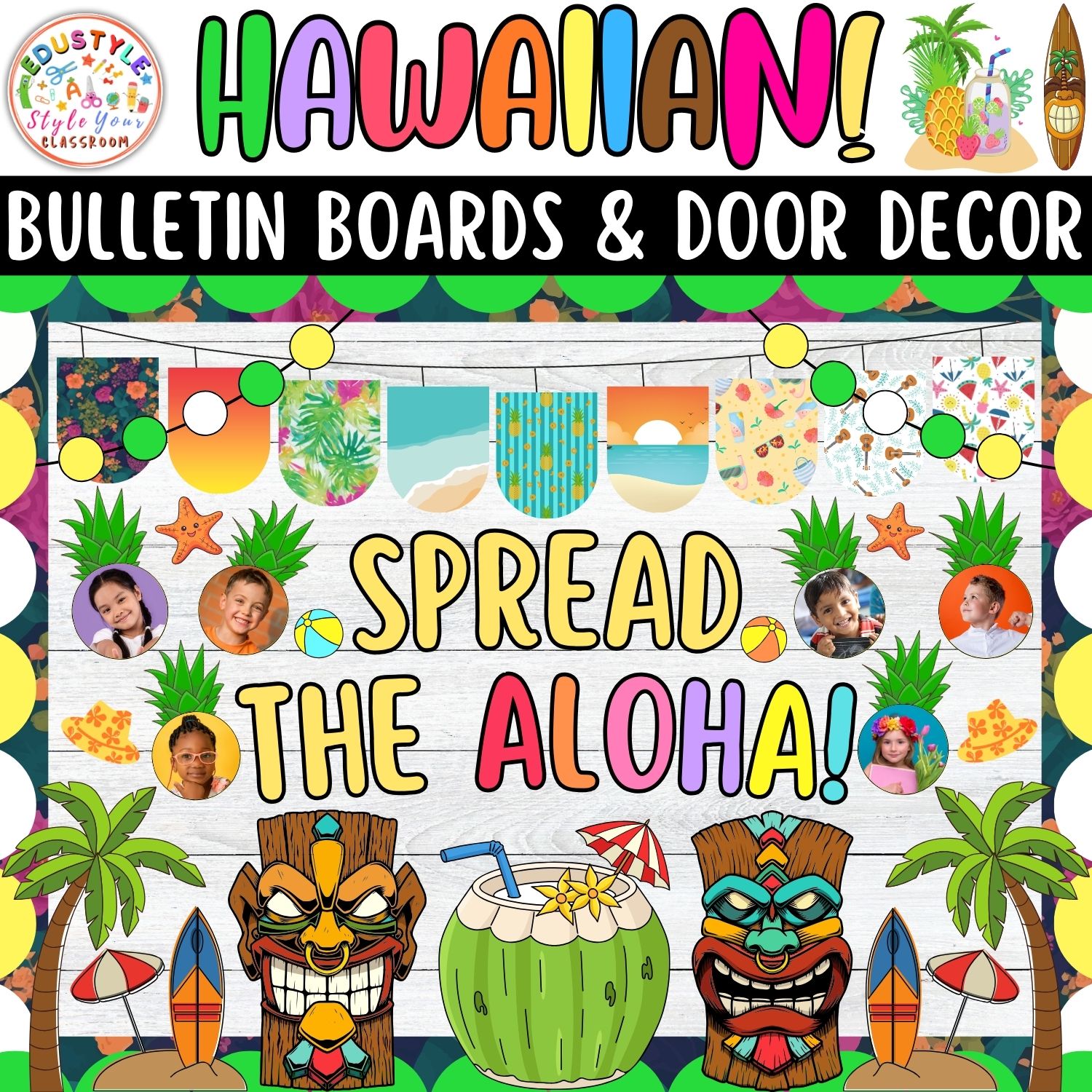 Spread the Aloha!: Hawaiian And Summer Bulletin Boards And Door Decor Kits | June And July Decor