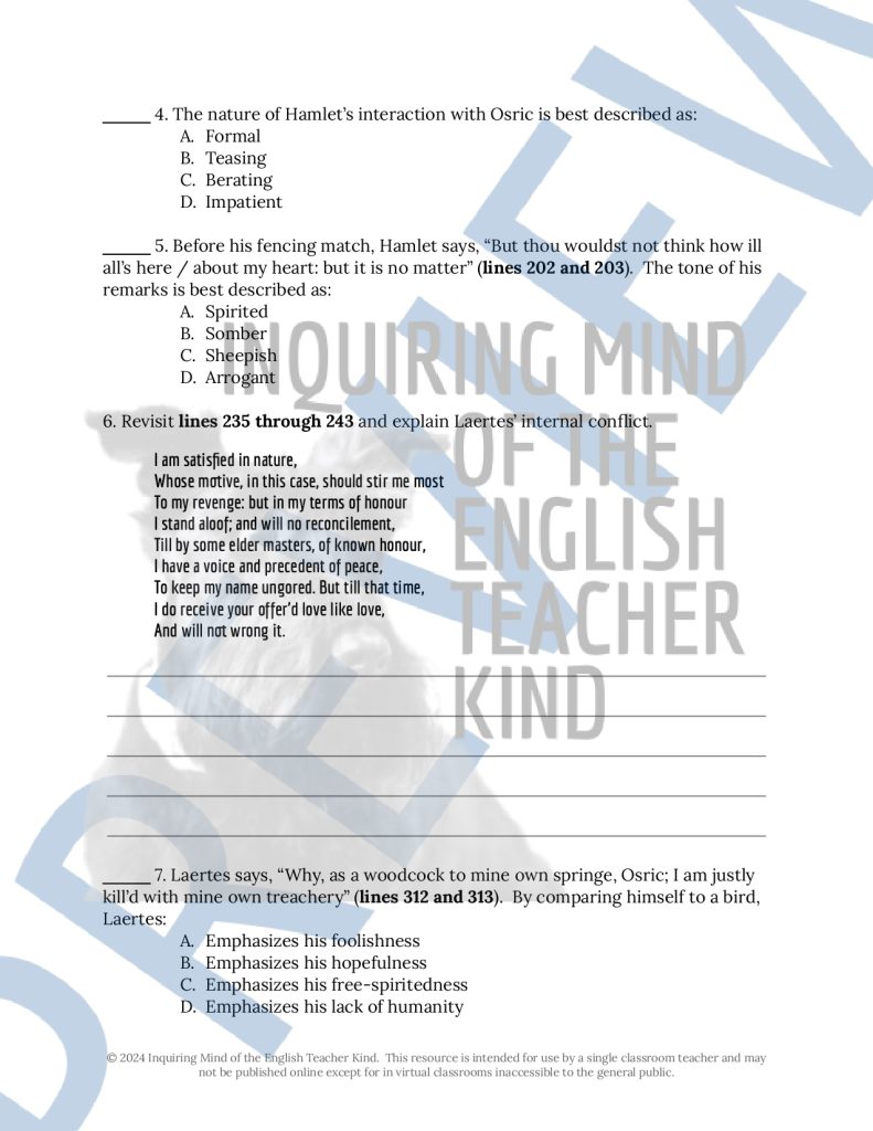 Hamlet Act 5 Quiz, Close Reading Worksheets, and Vocabulary Games ...