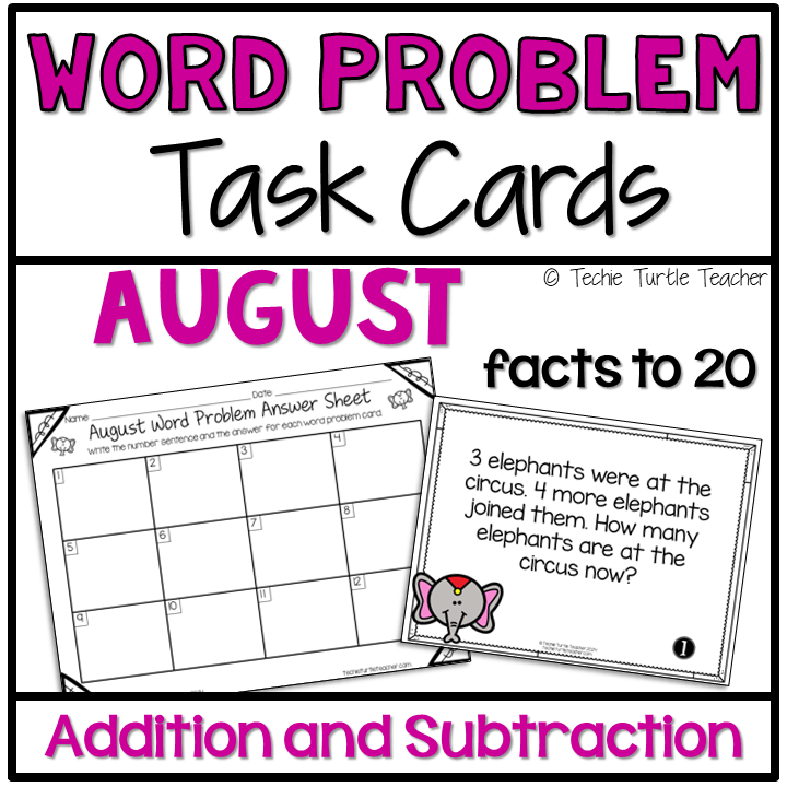 August Addition & Subtraction Facts within 20 One Step Word Problem Task Cards