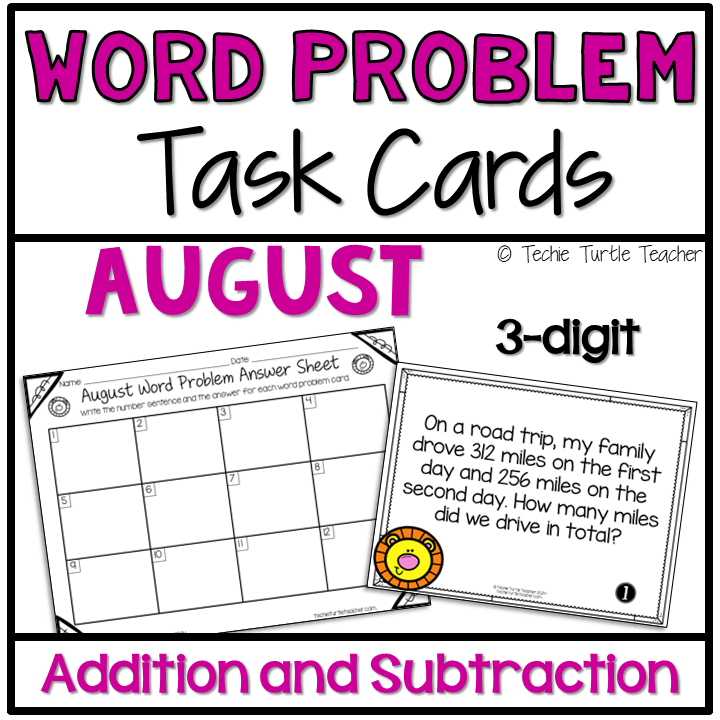 August 3-Digit Addition & Subtraction One Step Word Problem Task Cards Summer