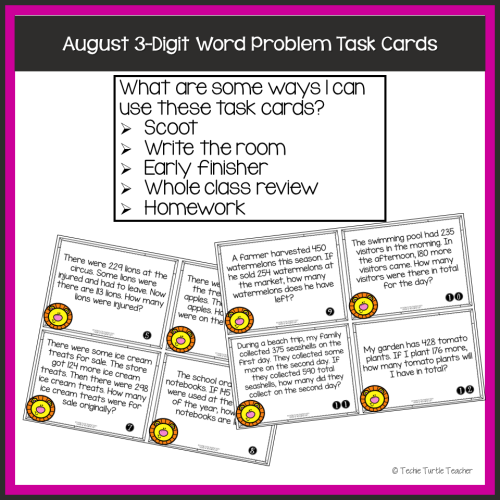 August 3-Digit Addition & Subtraction One Step Word Problem Task Cards ...