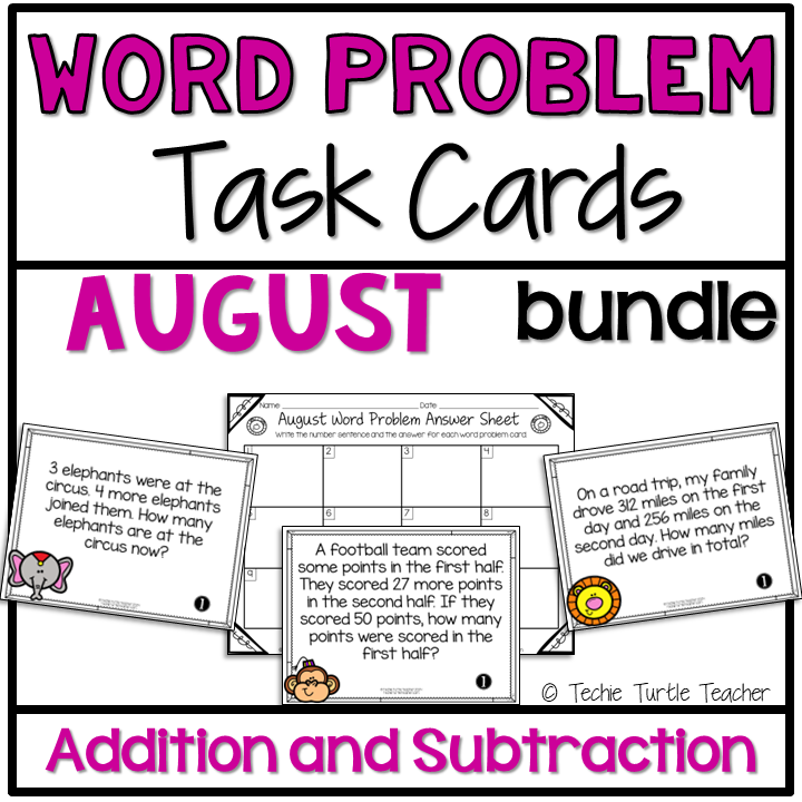August Addition & Subtraction One Step Word Problem Differentiated Task Cards