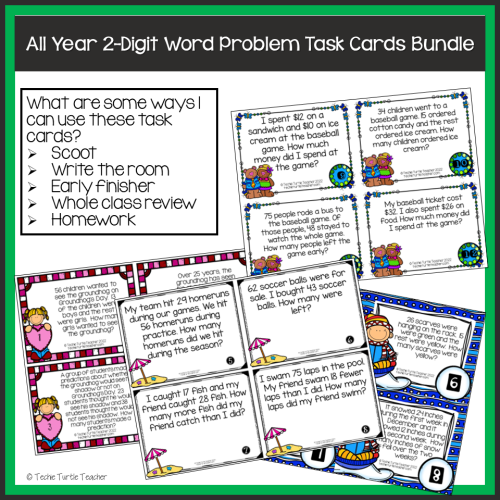 Addition & Subtraction 2-Digit Word Problem Task Cards All Year MEGA ...
