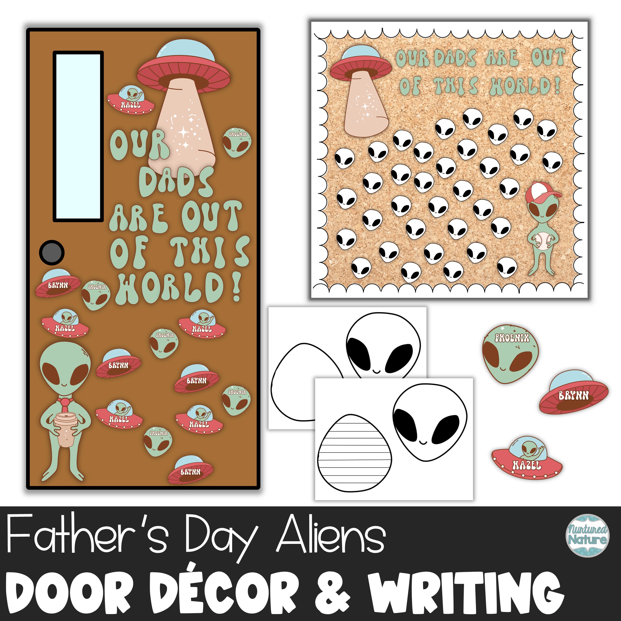 Retro Alien Father’s Day Bulletin Board or Door Decor with Editable Name Tags and Letters