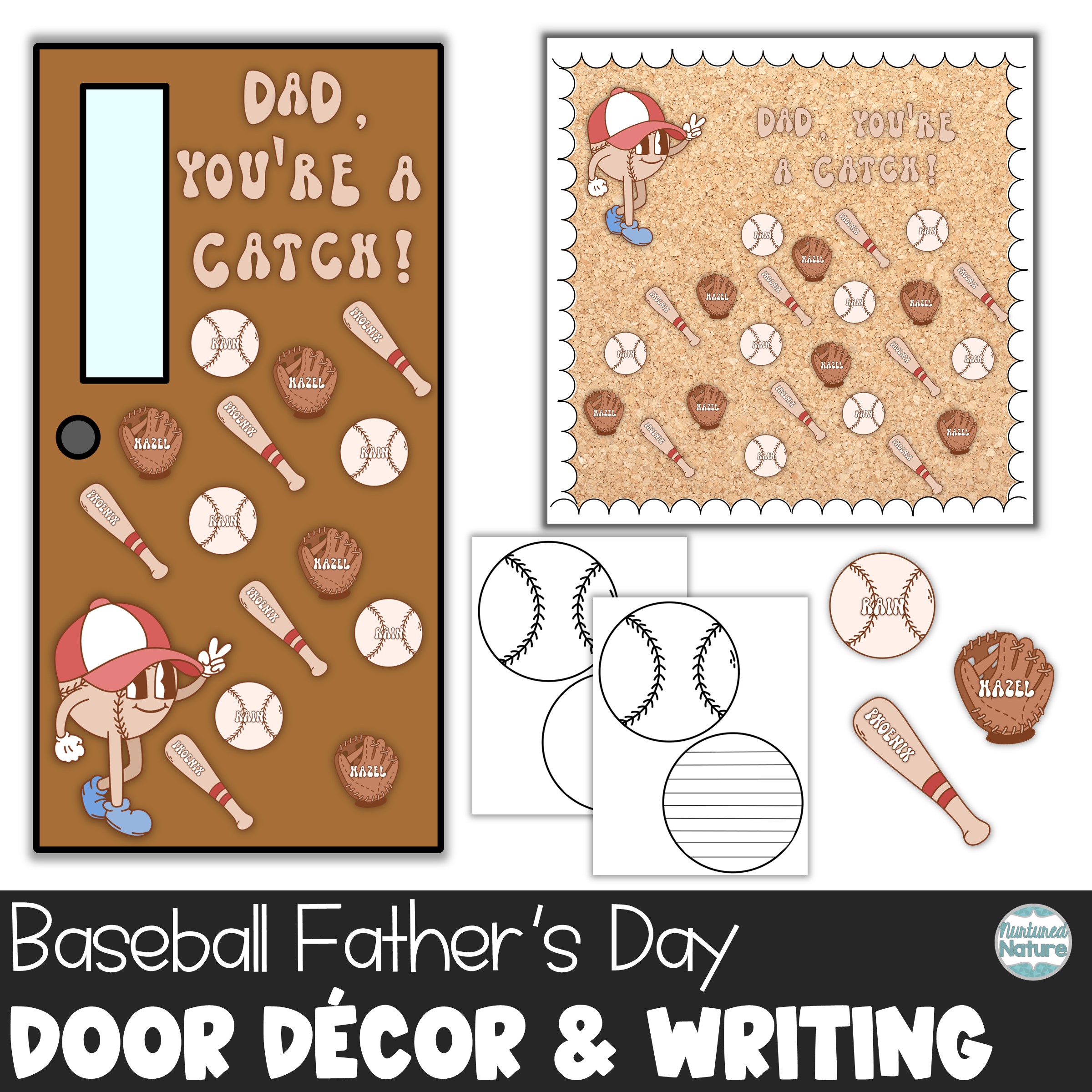 Retro Baseball Father’s Day Bulletin Board or Door Decor with Editable Name Tags and Letters