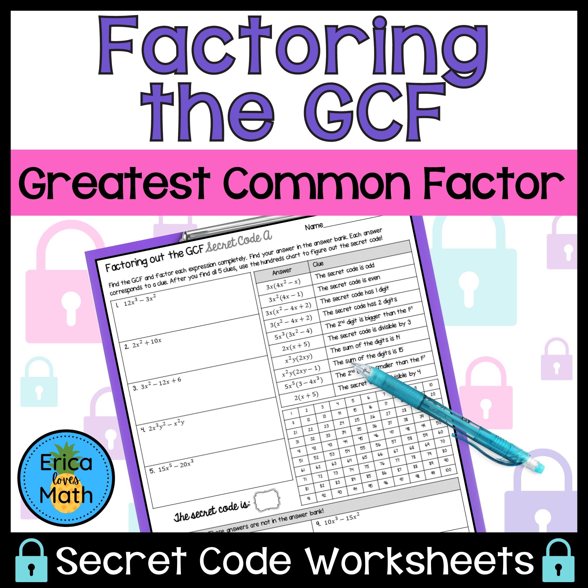 Factoring the GCF (Greatest Common Factor) Worksheets | Secret Code