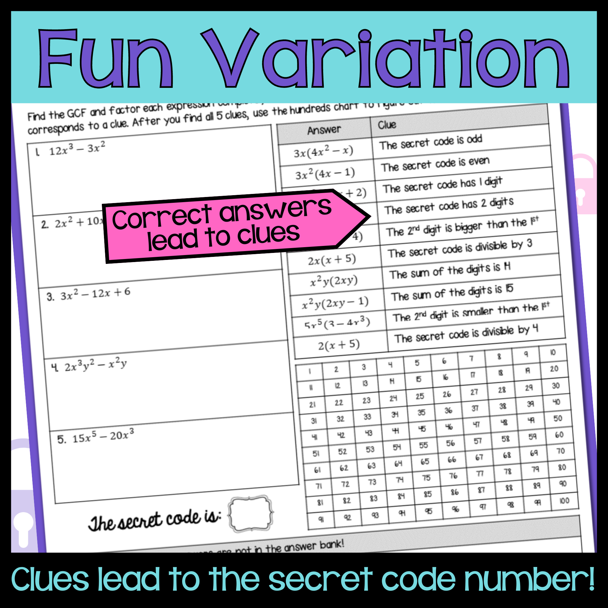 Factoring the GCF (Greatest Common Factor) Worksheets | Secret Code ...