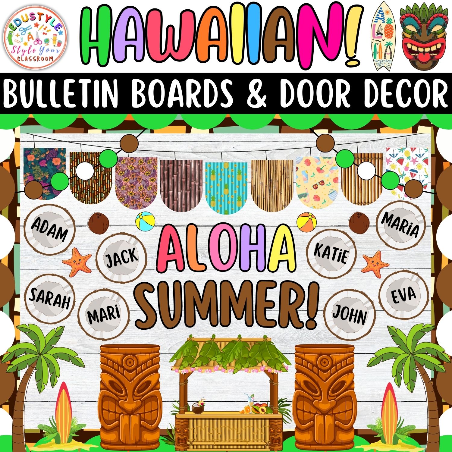 Aloha Summer!: Hawaiian And Summer Bulletin Boards And Door Decor Kits | June And July Decor