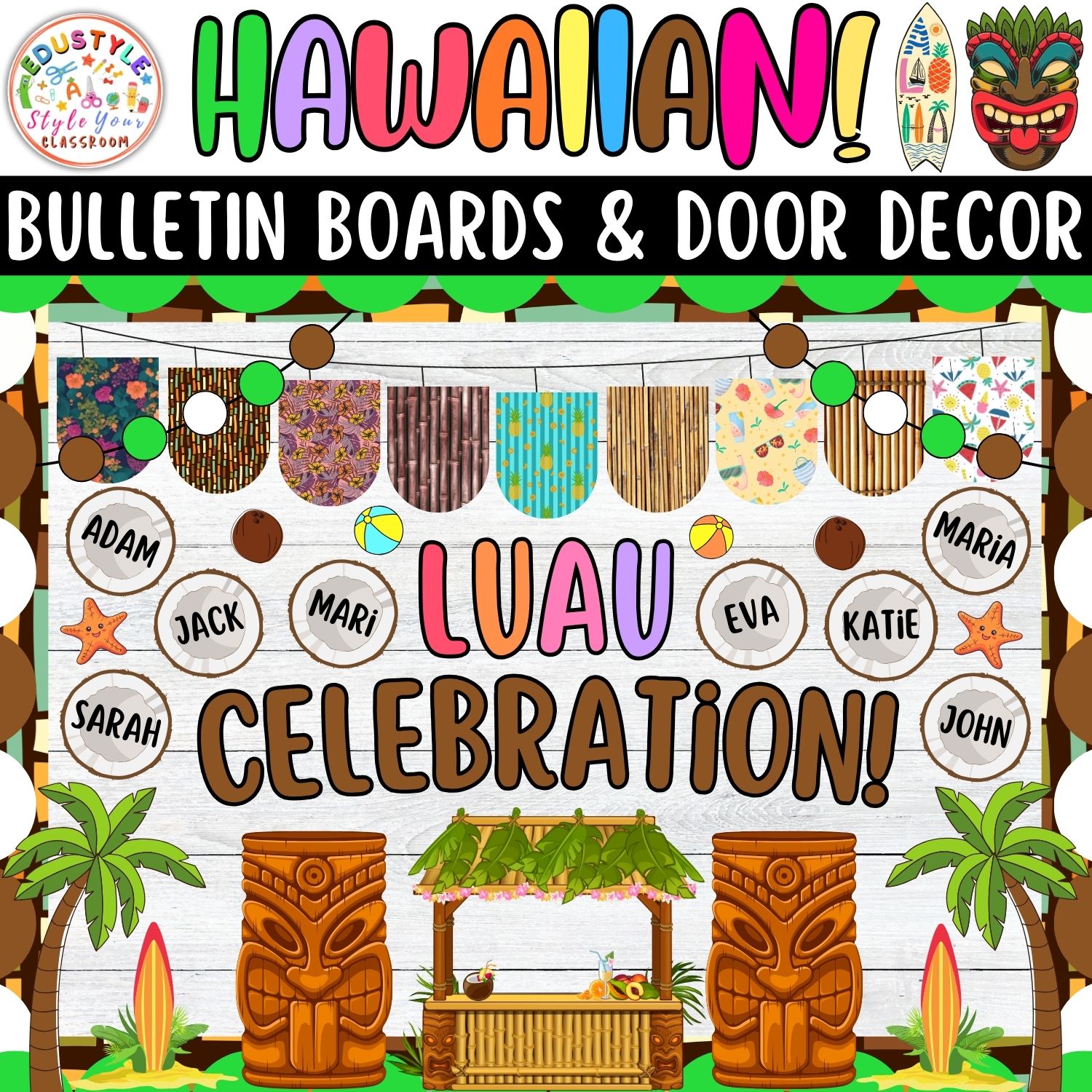 Luau Celebration!: Hawaiian And Summer Bulletin Boards And Door Decor Kits | June And July Decor
