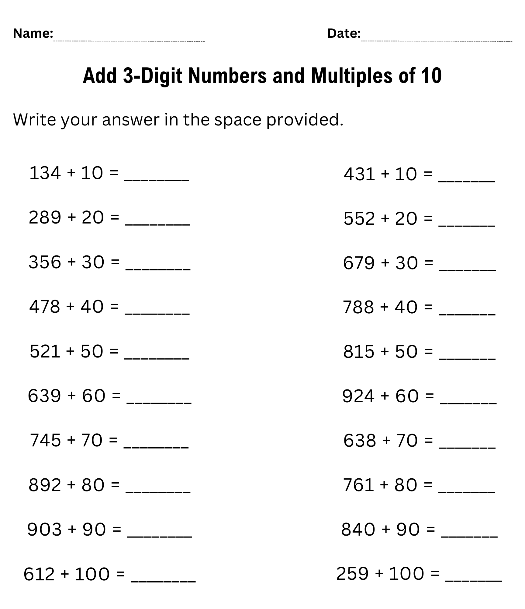 Printable adding multiples of 10 to a 2 digit number worksheet first grade