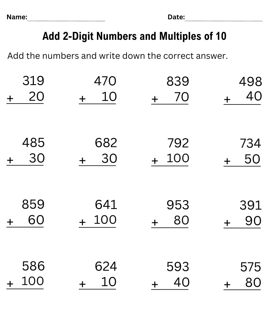 Math Worksheet Addition Multiples Printable adding multiples of 10 to a 2 digit number worksheet first ...