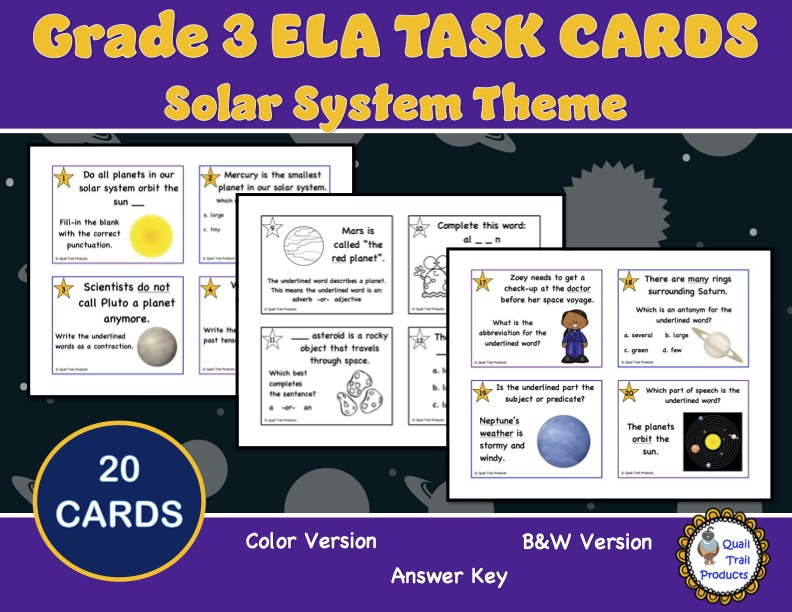 Grade 3 ELA Task Cards | Solar System Theme