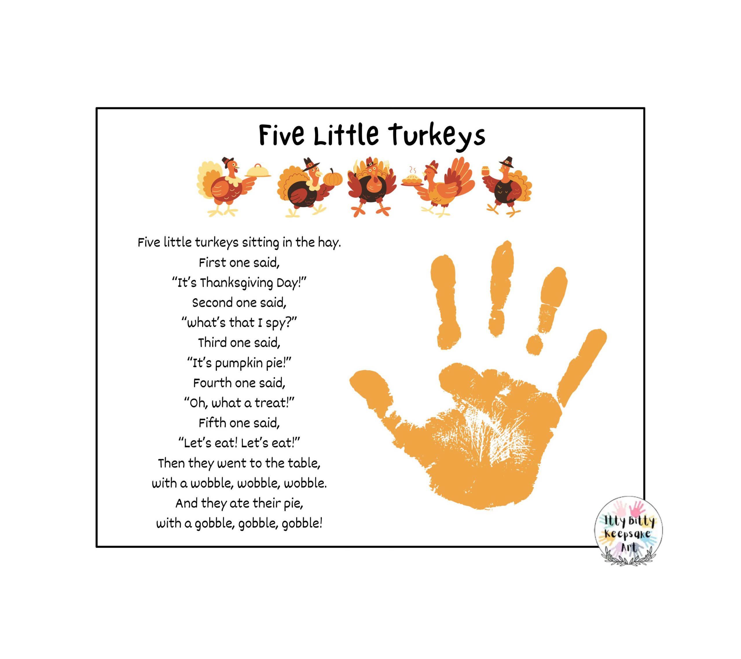 Five Little Turkeys Handprint Art Craft Printable Template / Fall Craft / Autumn / Thanksgiving