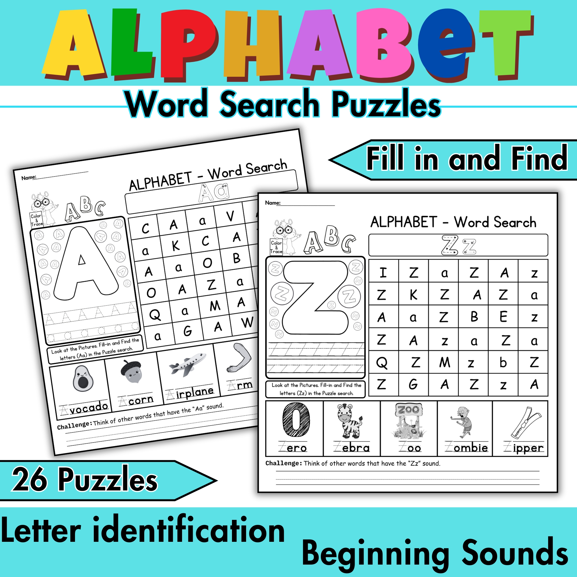 Preschool Alphabet Word Search Puzzles Letter Search Letters A to Z Phonics Puzzles