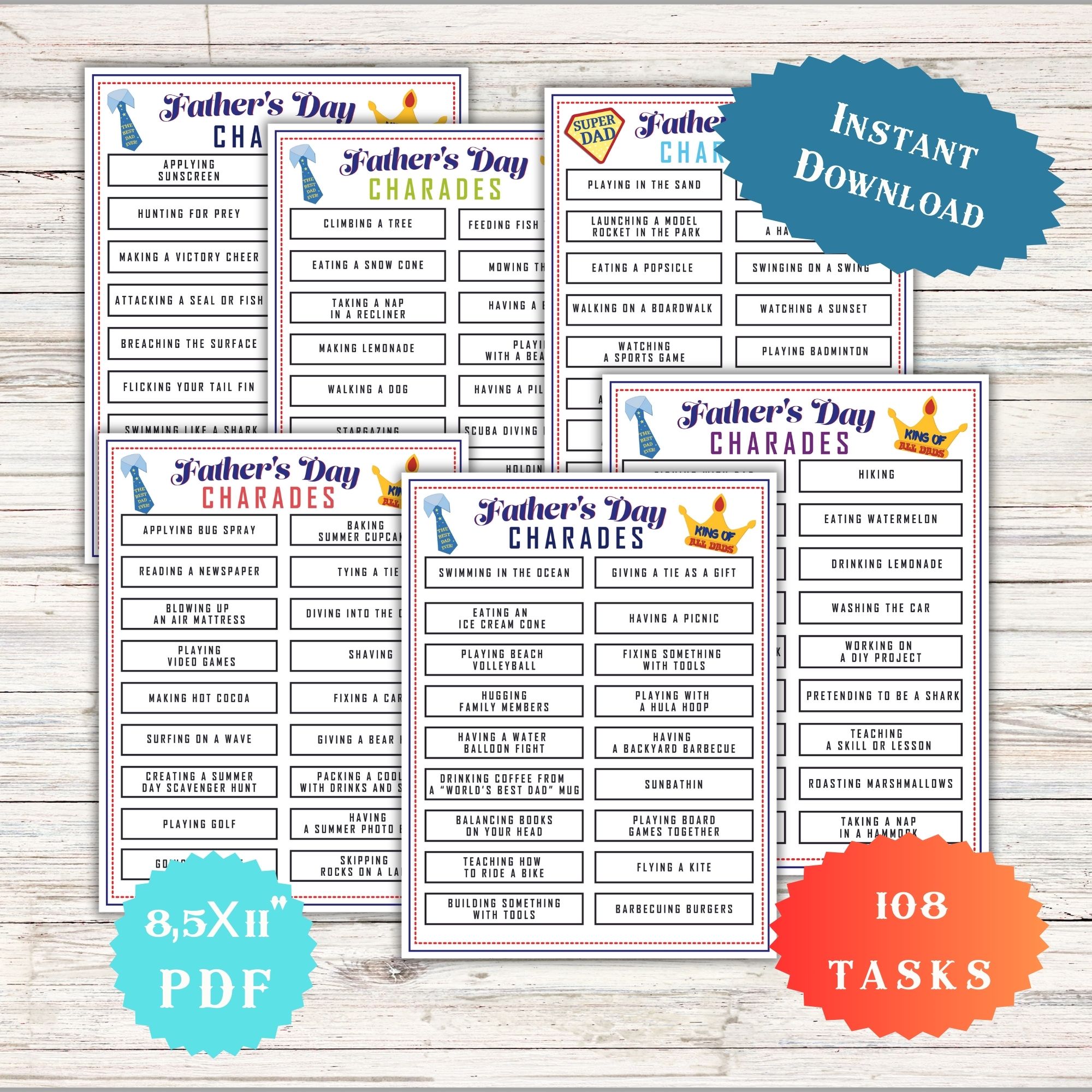 Father’s Day Charades Game for Kids, Adults, Family Activity, Party Ideas, Summer