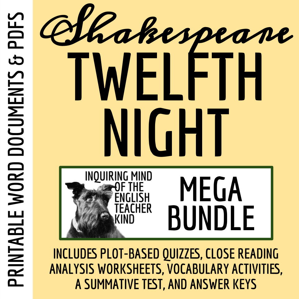 Twelfth Night Quiz, Close Reading Worksheets, Vocabulary Games, and Test Bundle