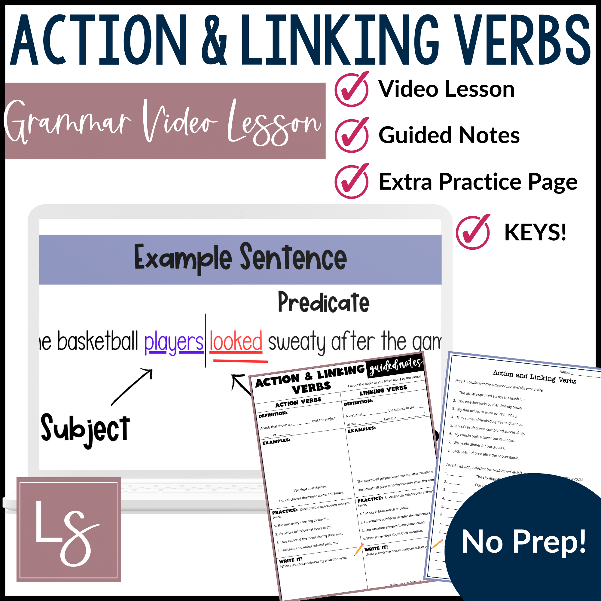 Action Verbs and Linking Verbs Video and Worksheets, ELA Sub Plans 5-6th Grade