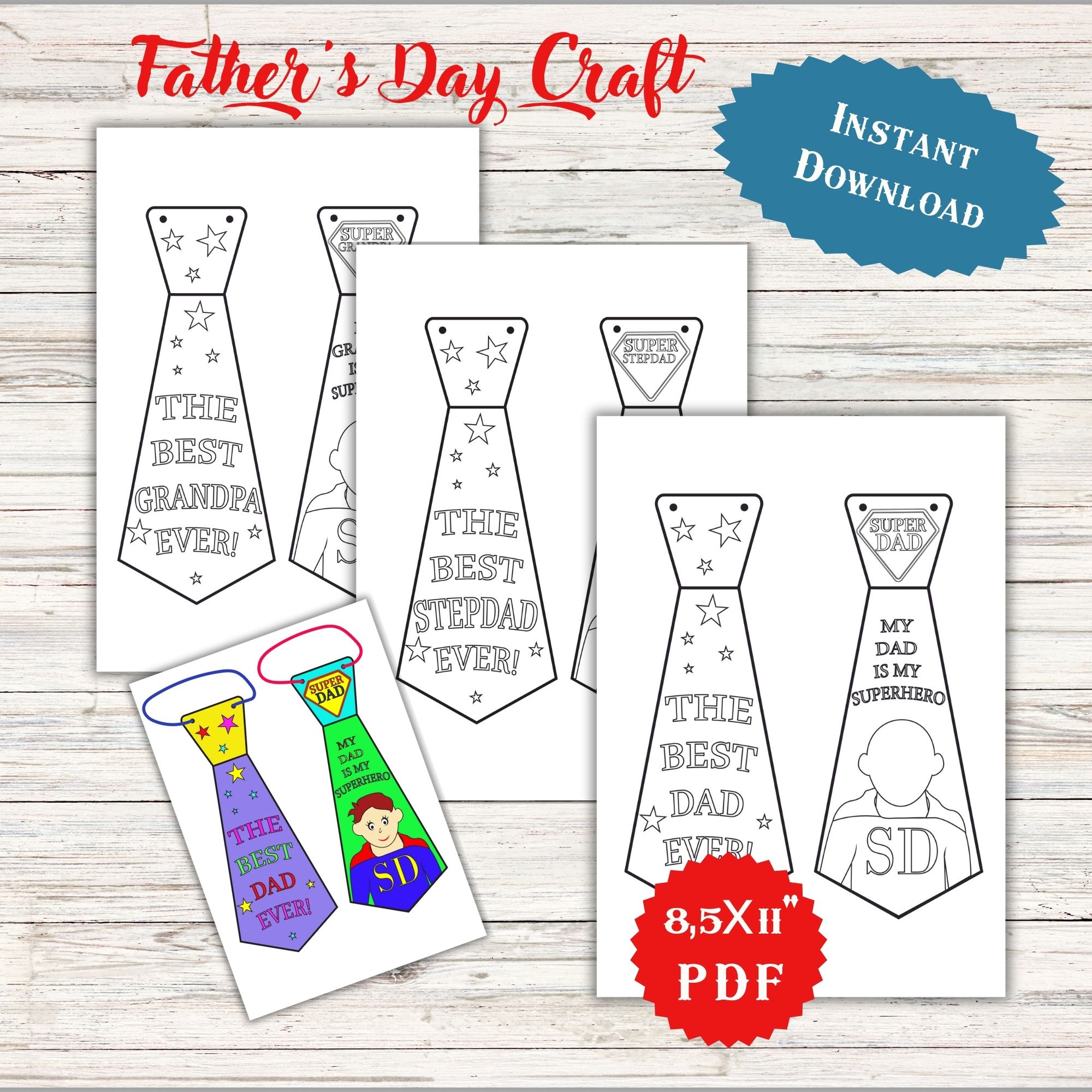 Best Dad Grandpa Stepdad Paper Neck Tie Coloring Card Craft Printable Father's Day Gift From Kids
