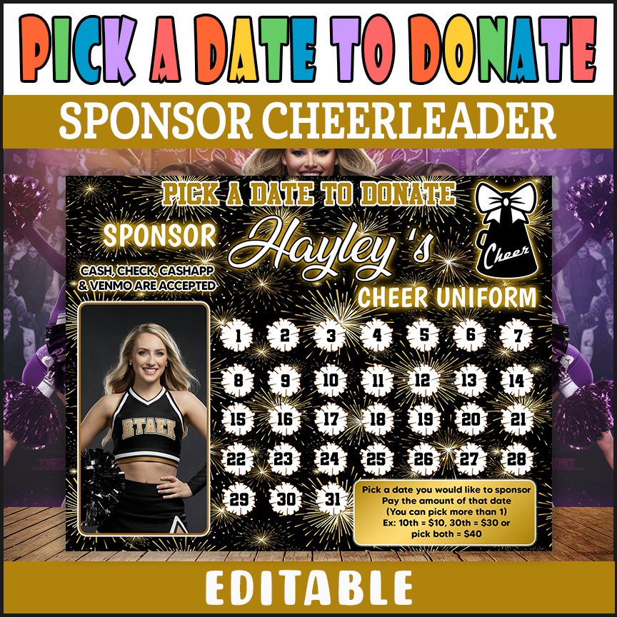 DIY School Cheerleader Team Fundraiser Donation Calendar, Pep Squad Pick a Date to Donate Template