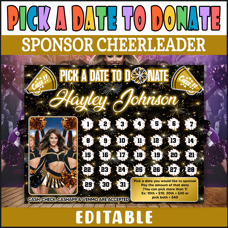 DIY Cheer Team School Fundraiser Donation Calendar, Pep Squad Pick a Date to Donate Template