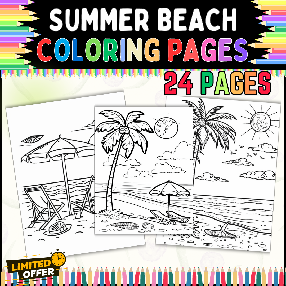 Beach Coloring Pages for Kids | 24 Printable Sheets | Fun Summer Activity
