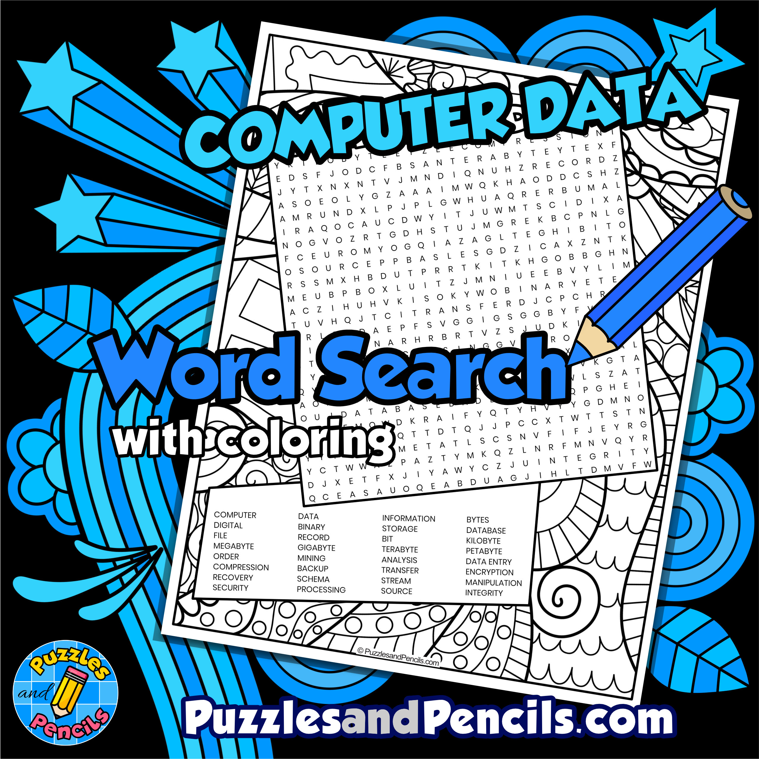 Computer Data Word Search Puzzle with Coloring | Computer Science