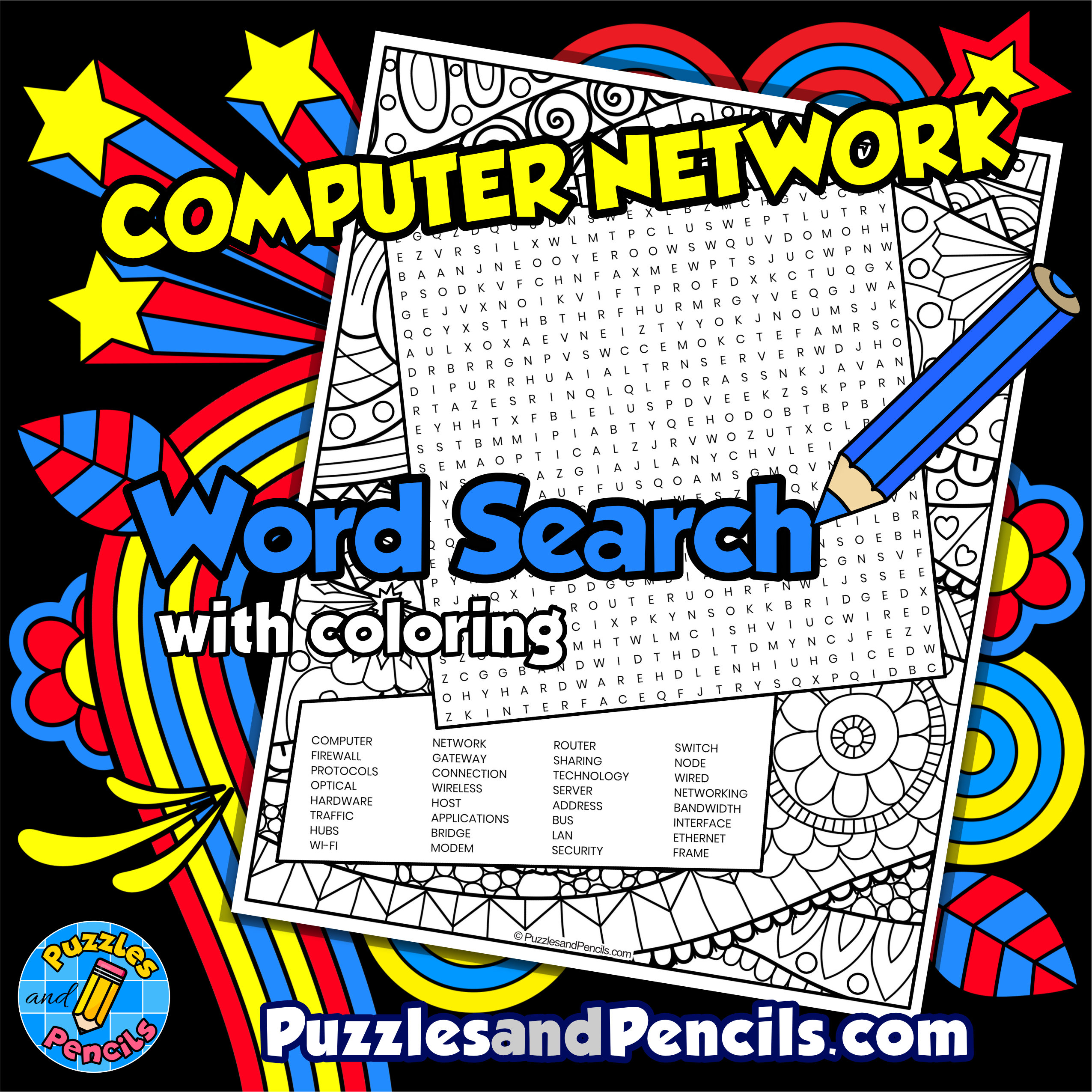 Computer Networks Word Search Puzzle with Coloring | Computer Science