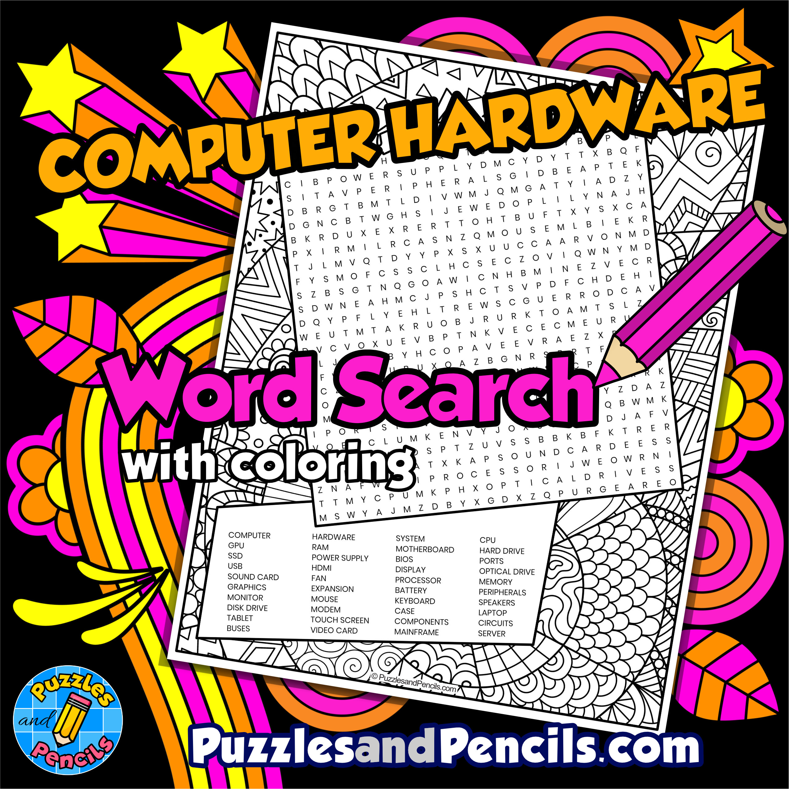 Computer Hardware Word Search Puzzle with Coloring | Computer Science