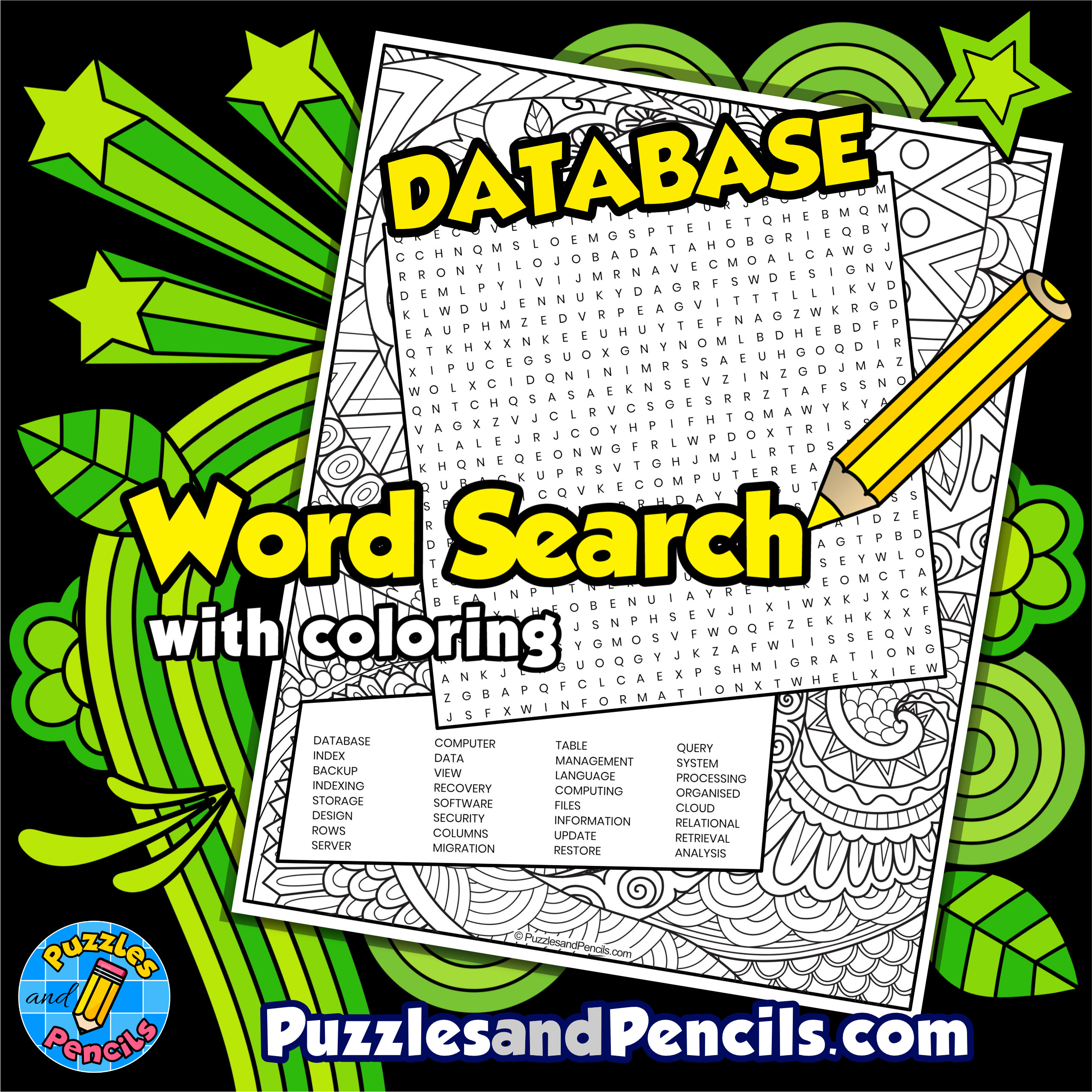 Computer Database Word Search Puzzle with Coloring | Computer Science