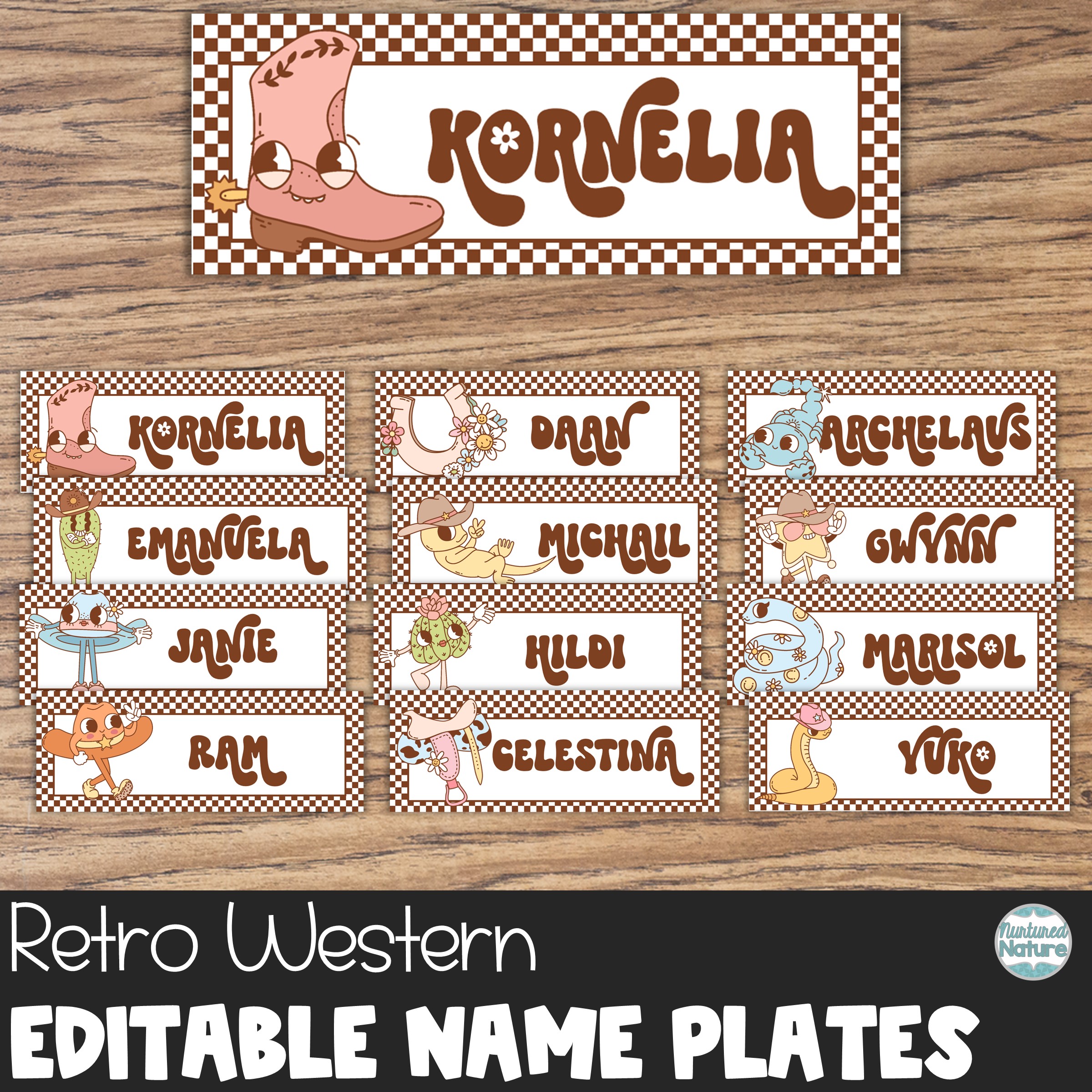 Editable Name Plates - Retro Western Name Tags for Desk - Classroom Decor