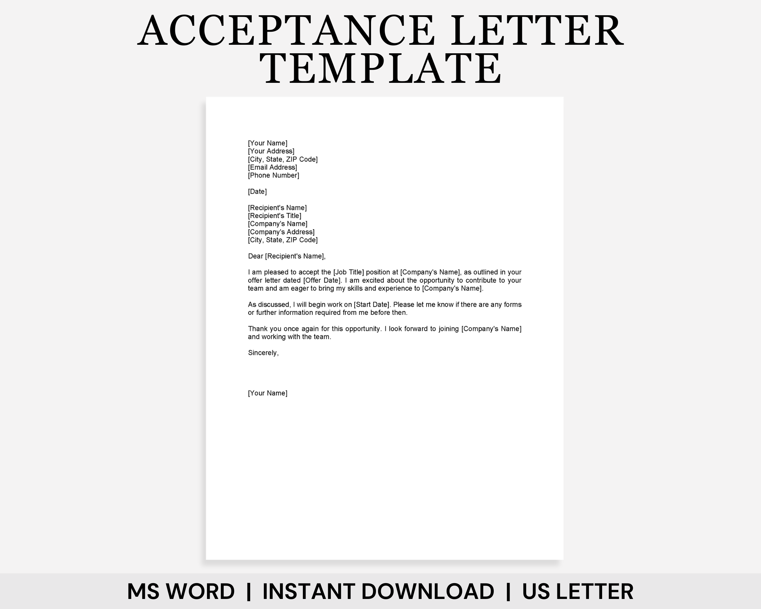 Job Offer Acceptance Letter Template, Letter of Acceptance, Acceptance Letter Template, Job Letter