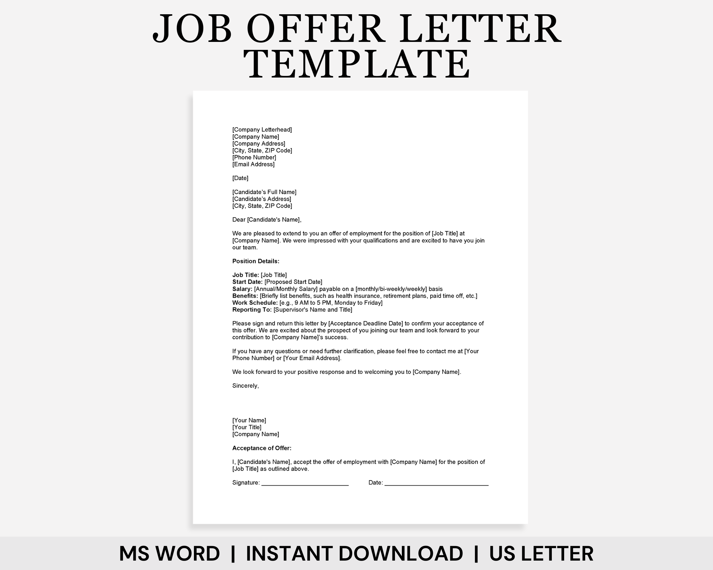 Job Offer Letter Template, Job Offer Template, Employment Offer Letter, Employment Contract