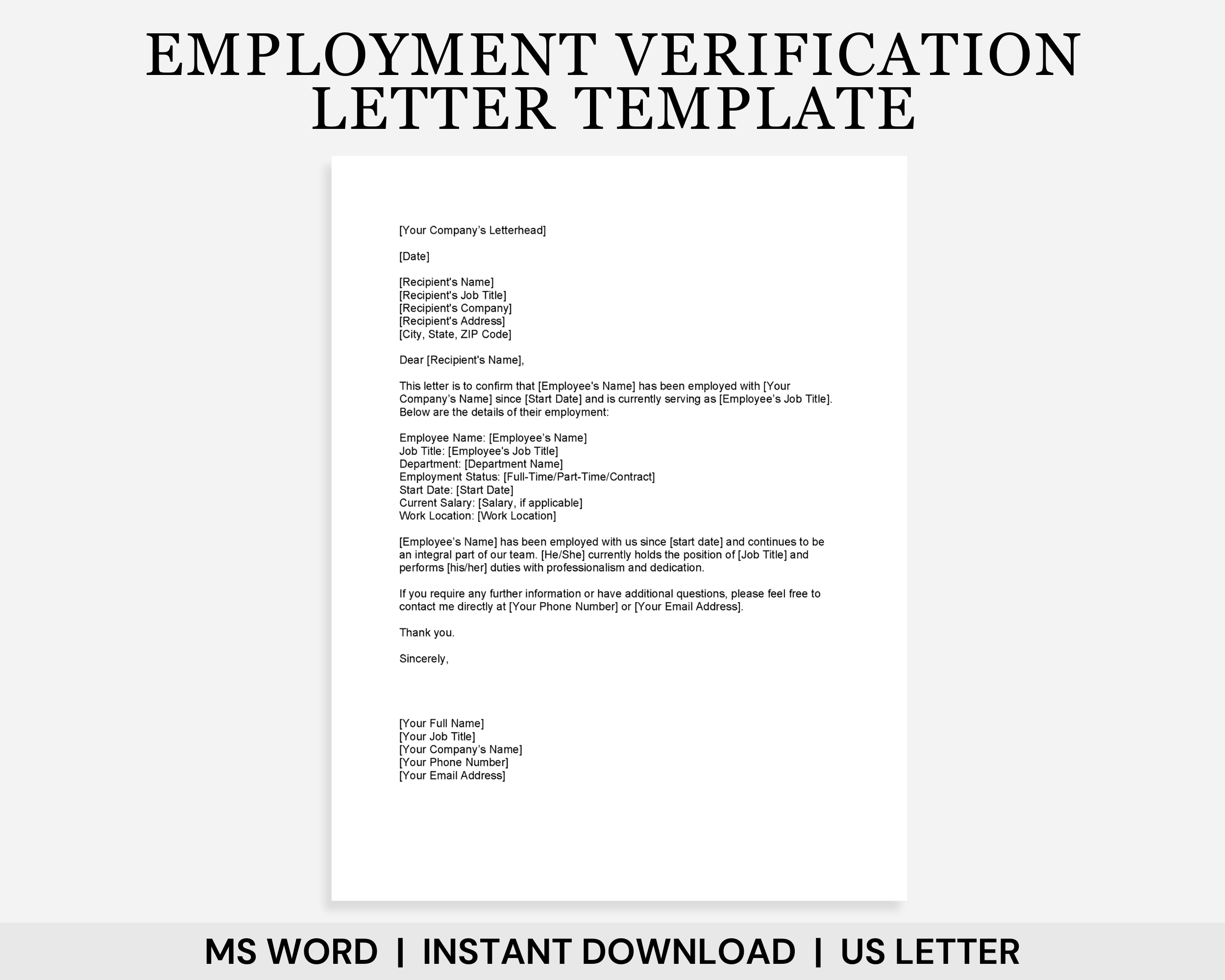 Employment Verification Letter Template, Letter of Employment, Certificate of Employment, Employment