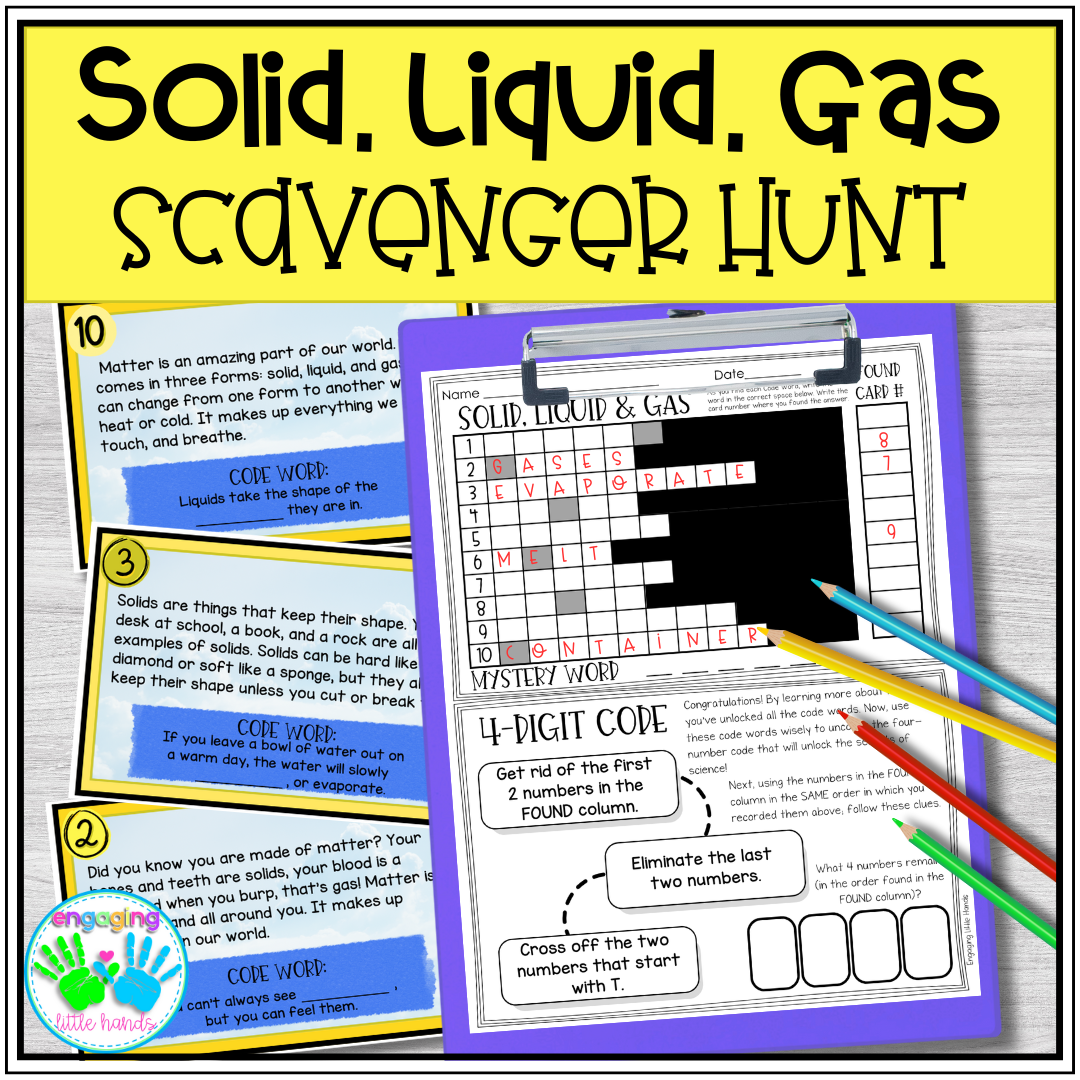 Solid, Liquid, Gas Scavenger Hunt Reading Comprehension Activity