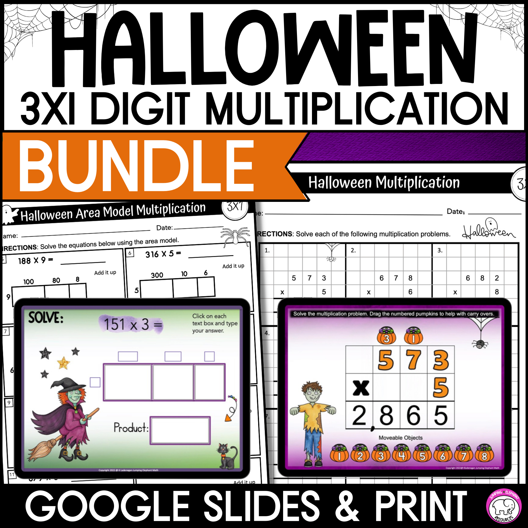 Halloween 3x1 Digit Area Model Multiplication and Standard Form