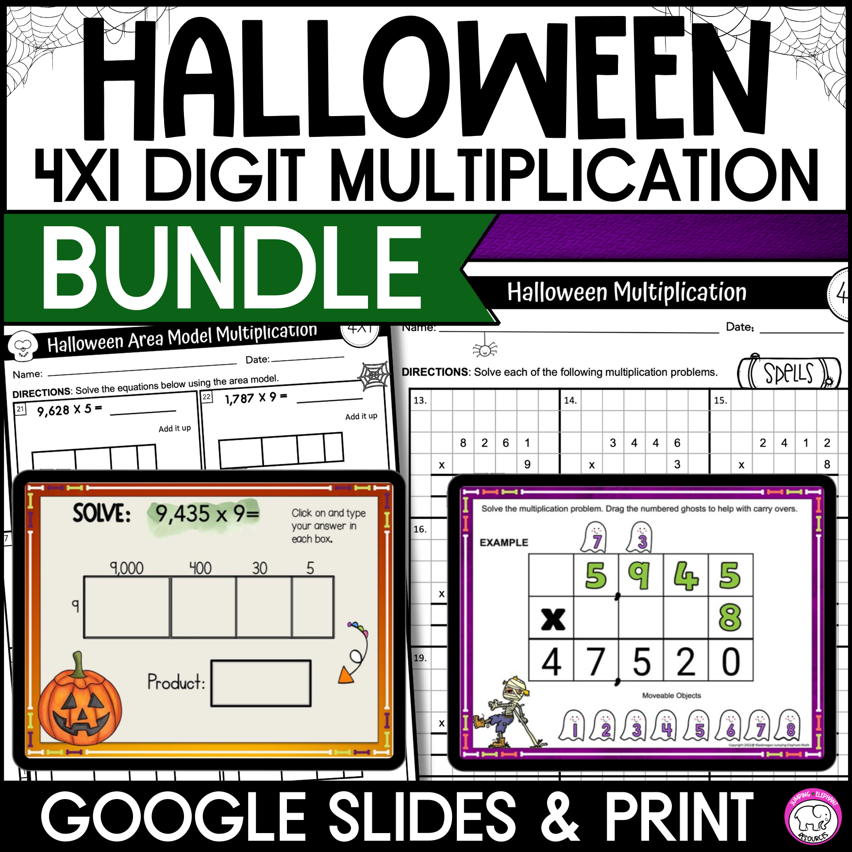 Halloween 4x1 Digit Area Model Multiplication and Standard Form Google and Print