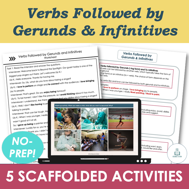 Verbs Followed by Gerunds & Infinitives - A2 ESL Grammar Lesson, Worksheets, Activities