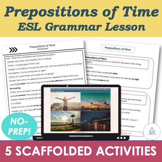 Prepositions of Time: In, On, At - A2 Grammar Lesson, Worksheets, Activities