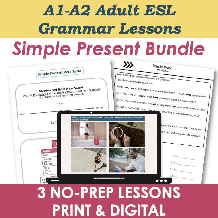 A1-A2 ESL Grammar Lesson Plans, Worksheets, Activities - Simple Present BUNDLE
