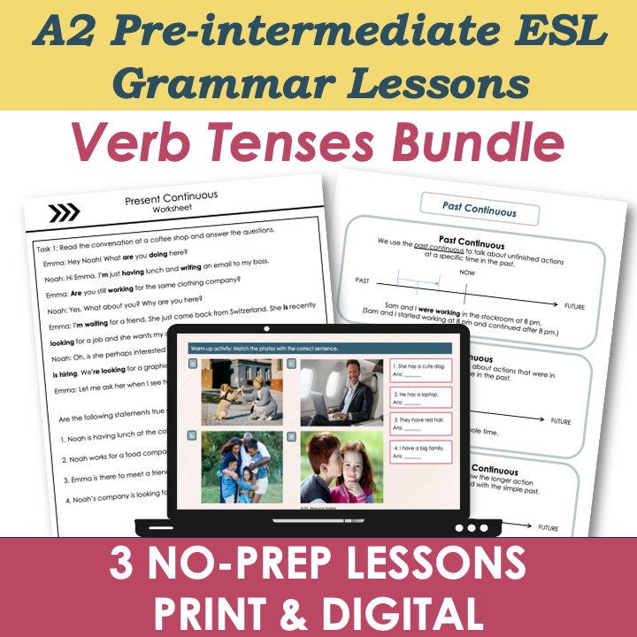 Grammar Lesson Plans, Worksheets, Activities - A2 Verb Tenses BUNDLE - Adult ESL