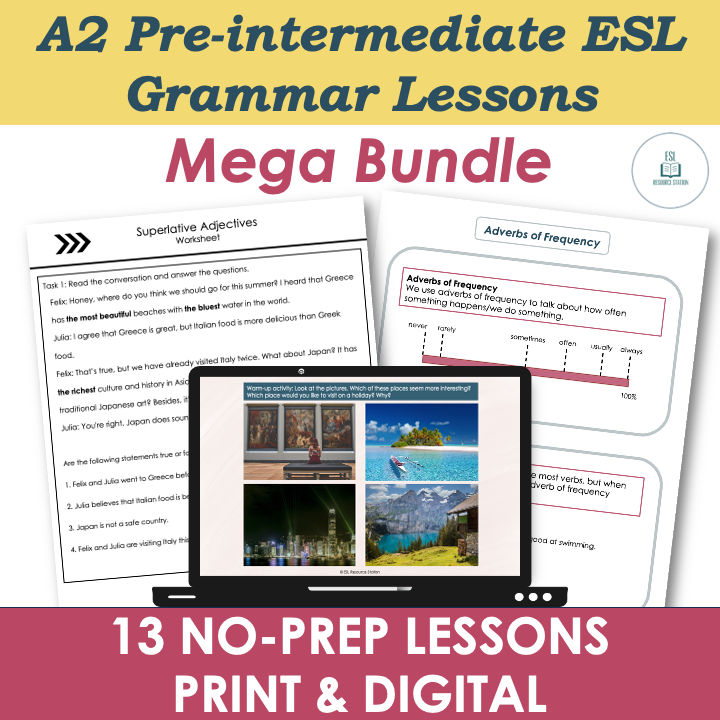 A2 Grammar Lesson Plans, Worksheets, Activities MEGA BUNDLE - Adult ESL EFL ELL