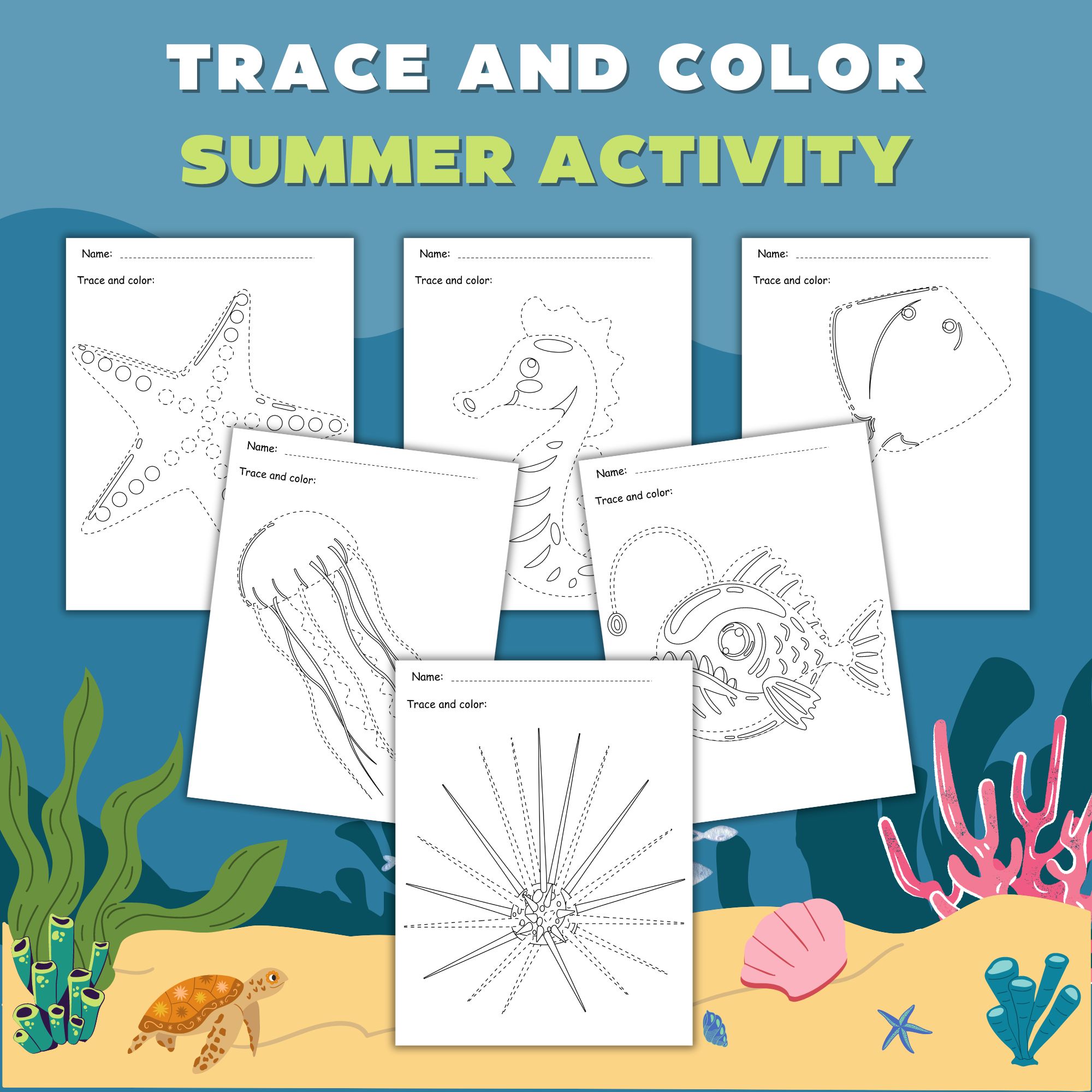 Trace And Color Sea Animals Cute Ocean Animals Tracing Coloring Summer Activity