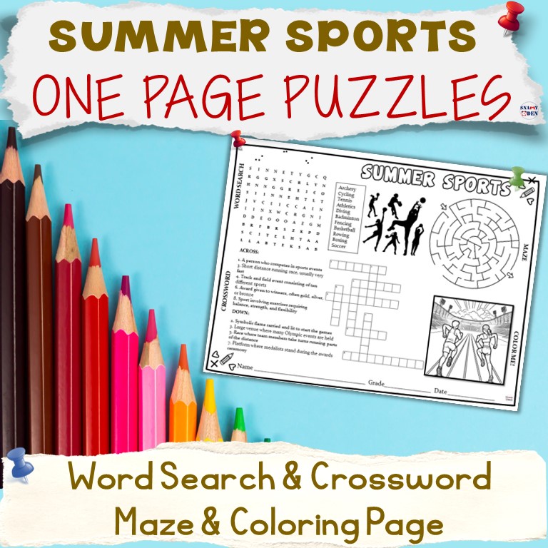 Summer Sports Word Search Crossword Maze Coloring Page Puzzles Activity